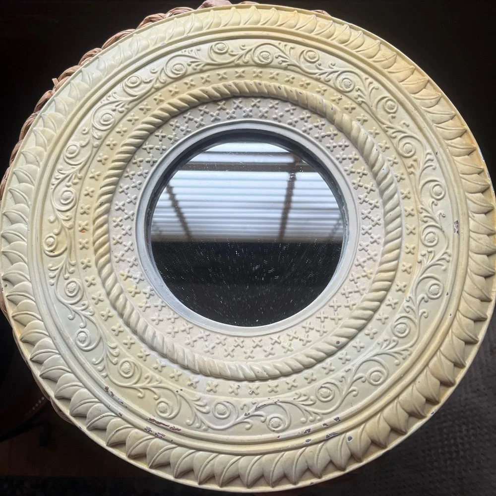 Mirror Y2K Gypsy Bohemian Circle Light Yellow Carved Eclectic Whimsy Nursery 90s